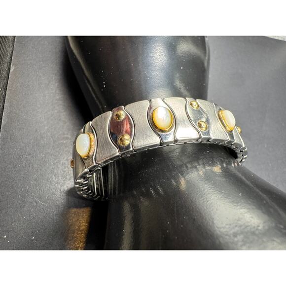 Zoppini Italy Stainless Steel 750 18k Gold Pearl Accents Stretch Bracelet - Picture 4 of 10